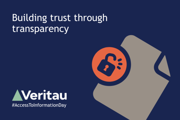 An image to promote Universal Access to Information Day. Graphic with dark blue background showing the phrase ‘Building trust through transparency’. Below, the Veritau logo and hashtag ‘#AccessToInformationDay’ appear. On the right, a stylised grey document icon features an orange circle with an open padlock symbol, representing transparency and access to information.